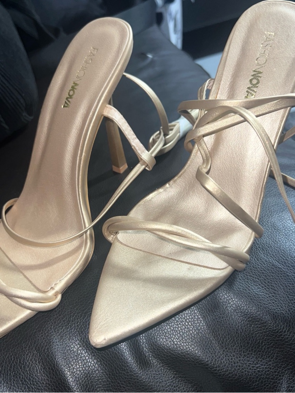 Fashion Nova Metallic Gold Strappy Pointed Heels